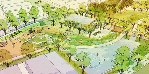 Illustrated concept rendering of an Urban Tilth community green space and urban farm, with gardens, walking paths, and a pond.